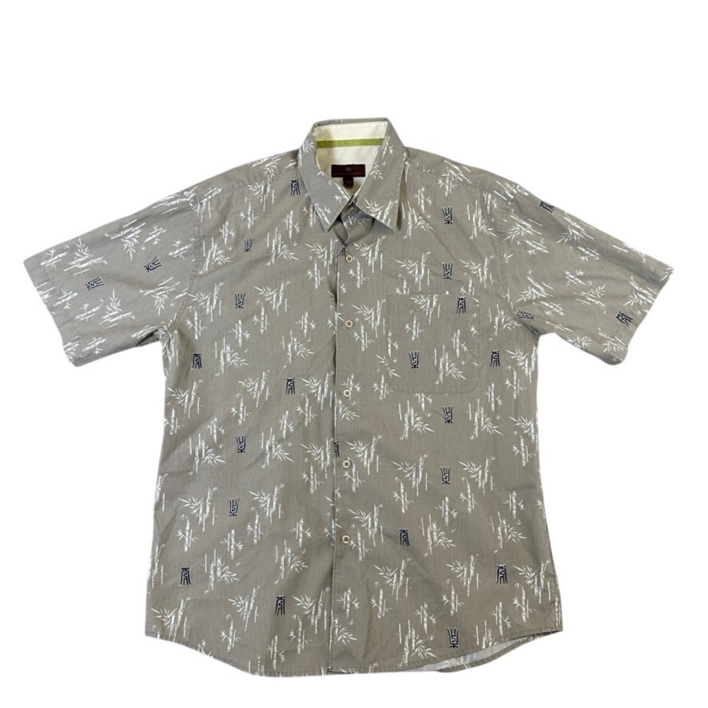 Oleg Cassini Mens Large Linen Cotton Bamboo Print Button Down Shirt Khaki Brown